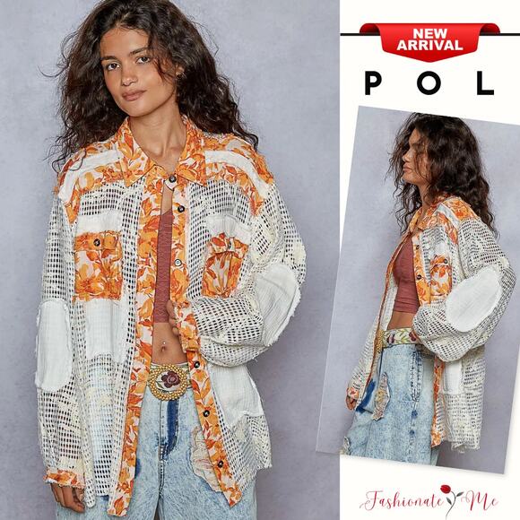 POL Floral Pattern Crochet Detail Raw Hem Button Up Oversized Shirt | Tangerine - Picture 1 of 4